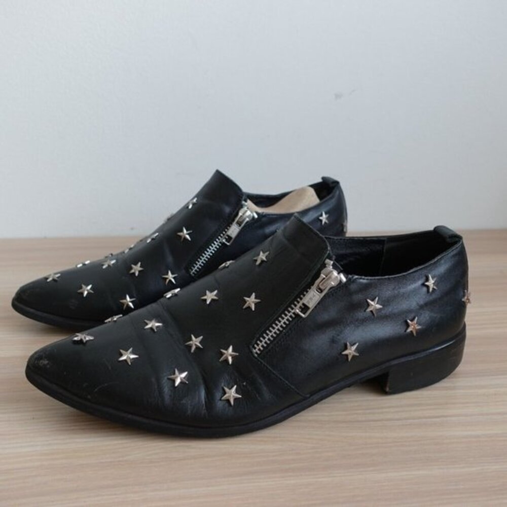 Women Shoes Leather 40 Black Flat Slip‎ On Loafer Star Studded 9 AQUA ROSSA